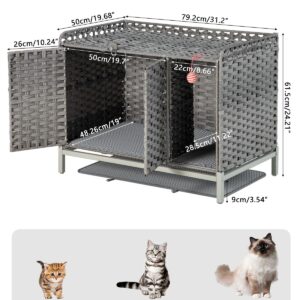 SETVSON Cat Litter Box Enclosure Cat Litter Box Furniture with Divider, Rattan Litter Box Enclosure with Cat Litter Mat, 31.2×19.6×24.2 Inches Hidden Cat Litter Box Cat House for Living Room (Gray)