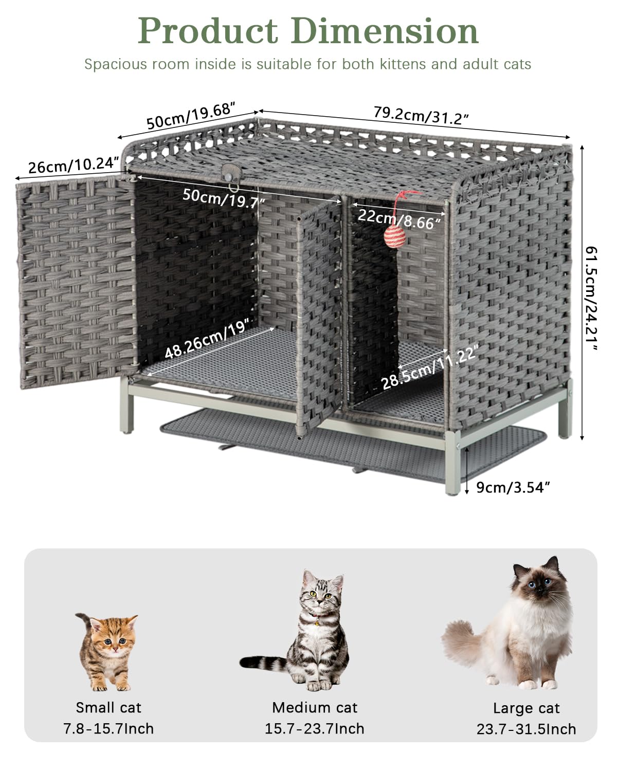 SETVSON Cat Litter Box Enclosure Cat Litter Box Furniture with Divider, Rattan Litter Box Enclosure with Cat Litter Mat, 31.2×19.6×24.2 Inches Hidden Cat Litter Box Cat House for Living Room (Gray)