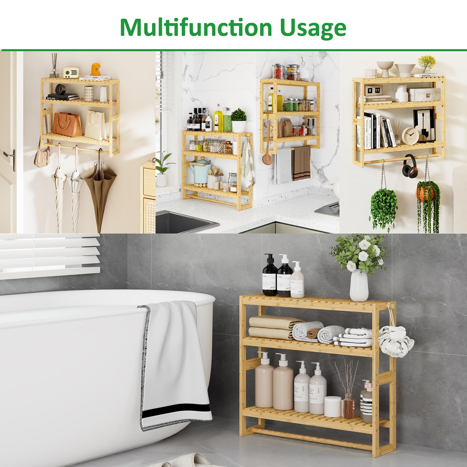 Bathroom Shelf Storage Organizer,5.9''D*23.6''W*21.2''H,Floating Wall Mount 3-Tier Adjustable Layer Bamboo Kitchen Organizer with Bar, Standing Shelf Units, Towel Rack Hanging Rod for Bathroom(Beige)