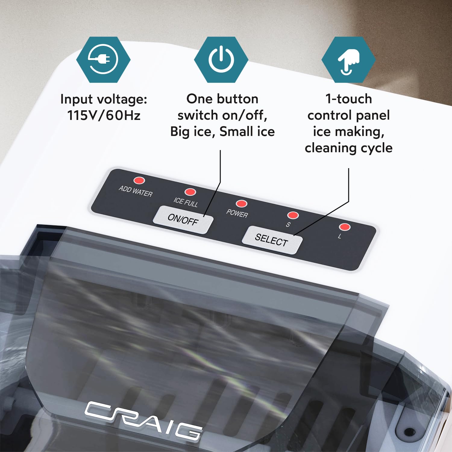 Craig CIM201 Countertop Ice Maker, 9 Cubes Ready in 6 Mins, 26lbs in 24Hrs, Ice Machine with Ice Scoop and Basket, Bullet Ice for Home/Camping/RV, Party, Just add Water