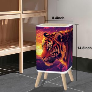 hgsschrek Small Trash Can with Lid Exaggerated Tiger Features Expressive Eyes Bold Colors 2.6 Gallon/10L Garbage Can Waste Bin with Pop-Up Lid Wood Legs Wastebasket for Bathroom Kitchen Bedroom