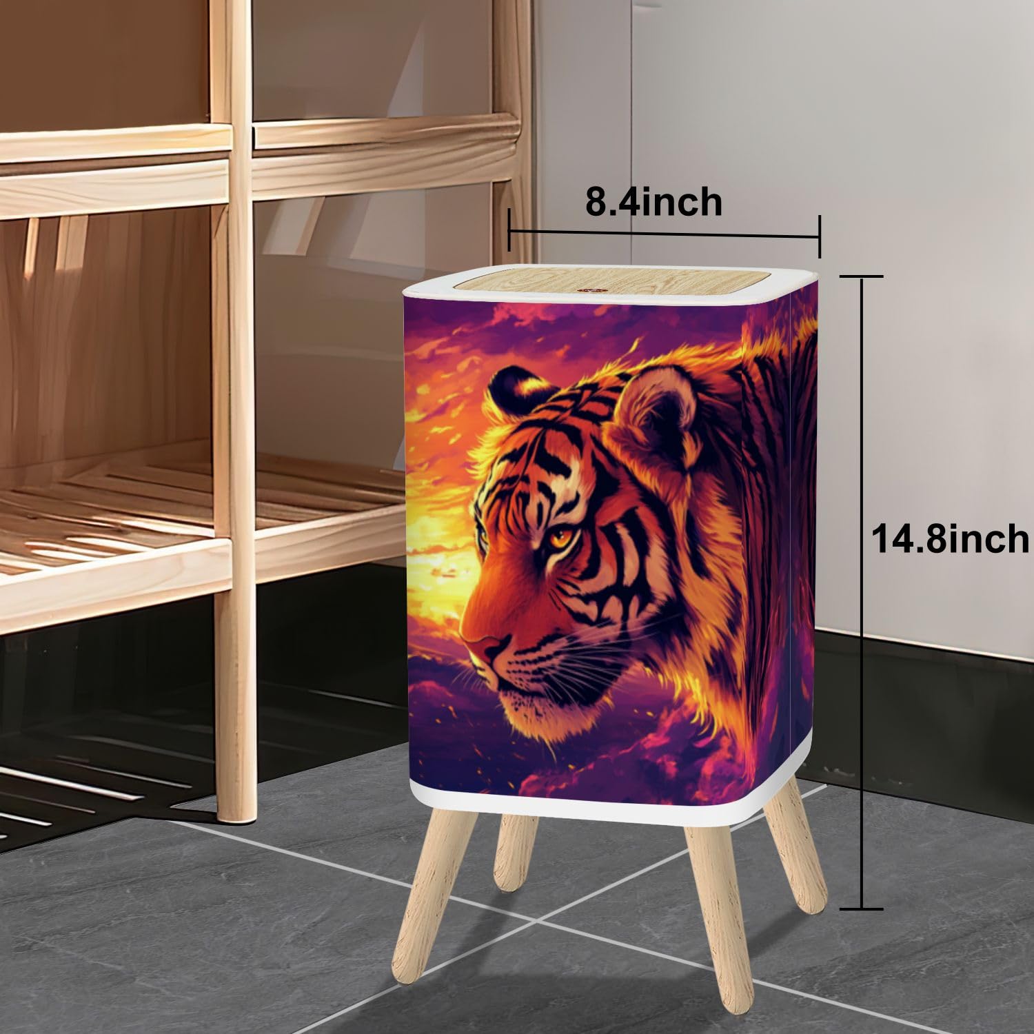 hgsschrek Small Trash Can with Lid Exaggerated Tiger Features Expressive Eyes Bold Colors 2.6 Gallon/10L Garbage Can Waste Bin with Pop-Up Lid Wood Legs Wastebasket for Bathroom Kitchen Bedroom