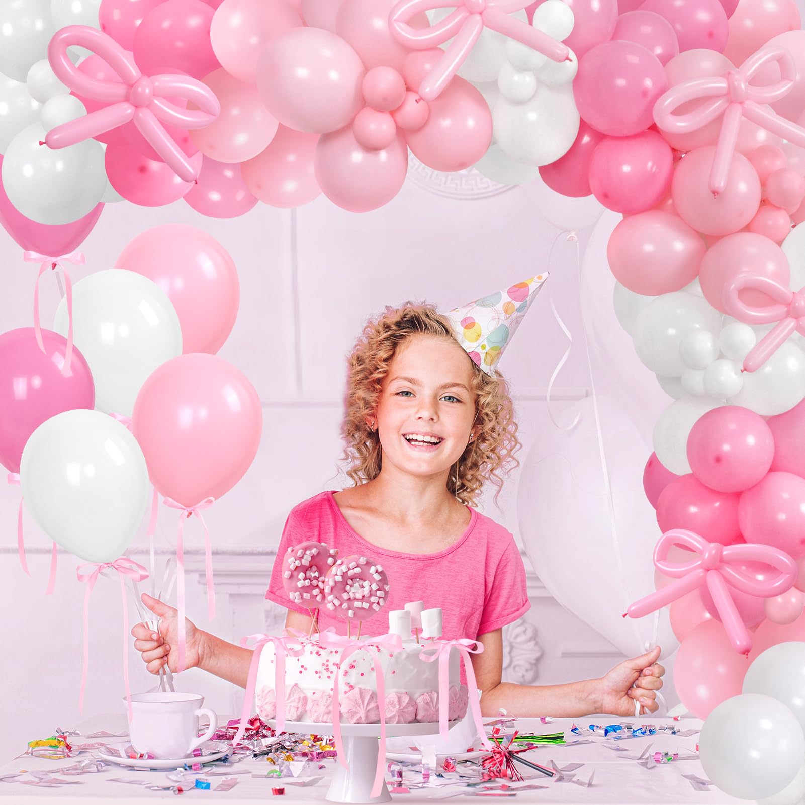 Pink Bow Balloon Arch Kit, 160 Pcs Pink Bow Balloons Garland with Long Balloons and Satin Ribbon for Bow Birthday Decor, Coquette Birthday Decortions, Bridal Shower, Bow Party Decorations