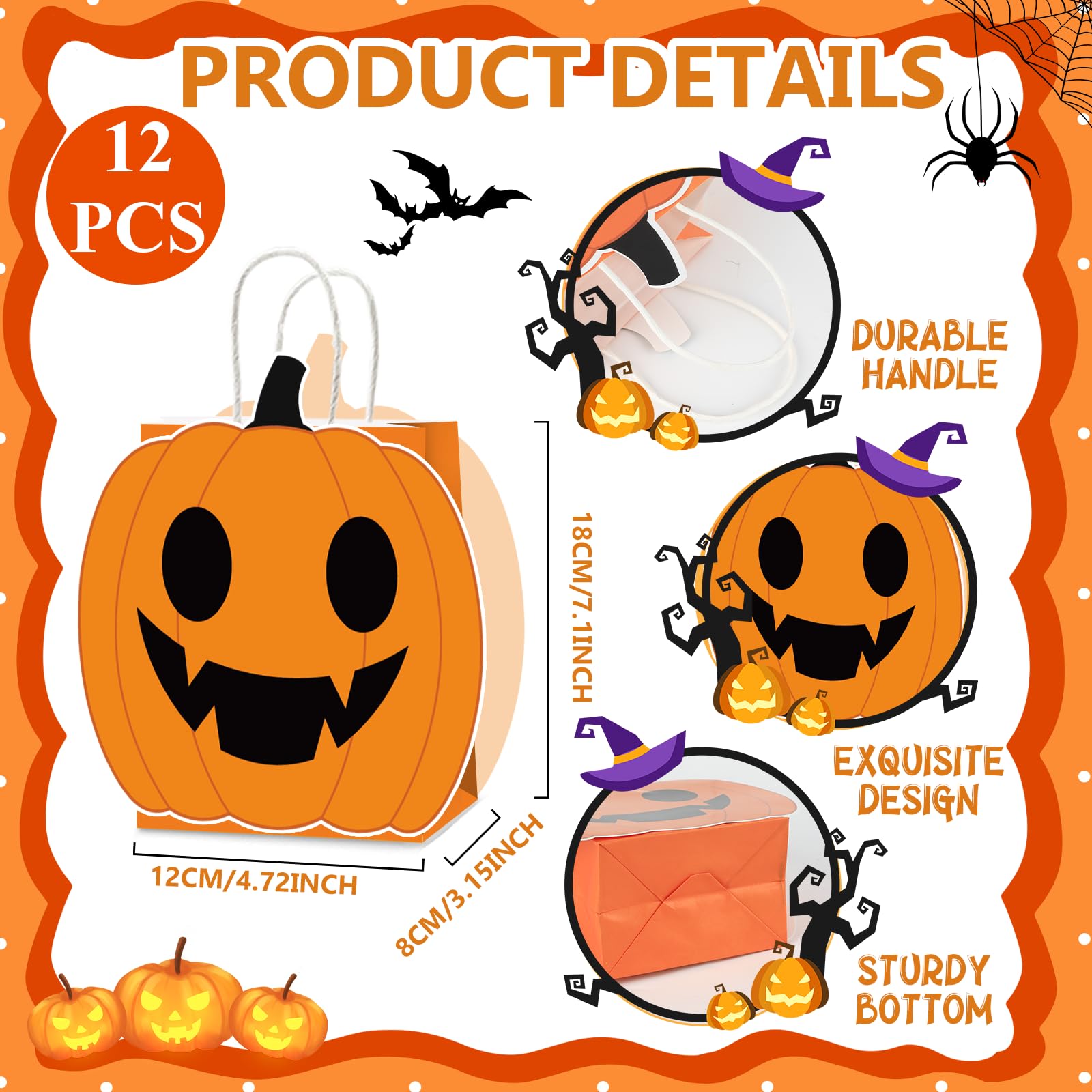 Justforjoyful 12Pcs Halloween Pumpkin Party Favor Bags Halloween Treat Bags Trick or Treat Goody Bags Pumpkin Paper Gift Bag with Handle Decorations for Kids Adults Halloween Party Supplies Decor