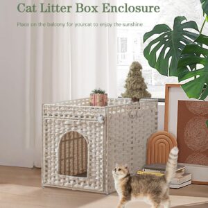 SETVSON Cat Litter Box Enclosure Cat Litter Box Furniture Hidden with Cat Litter Mat, Cat Litter Box Furniture with Two S-Shaped Hooks, Handwoven Rattan Cat House for Living Room, Bedroom, (White