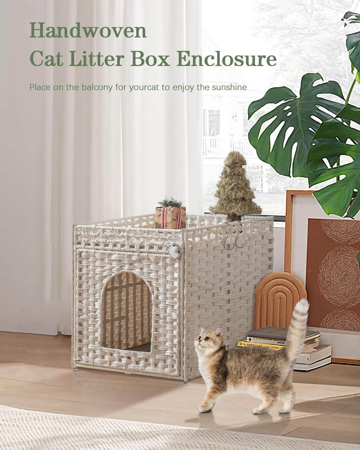 SETVSON Cat Litter Box Enclosure Cat Litter Box Furniture Hidden with Cat Litter Mat, Cat Litter Box Furniture with Two S-Shaped Hooks, Handwoven Rattan Cat House for Living Room, Bedroom, (White