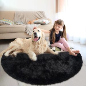 Black Fluffy Round Rug,Soft Area Rugs for Girls Room, Shaggy Rugs 4'X4' for Living Room,Non Slip Circle Rug for Kids Bedroom,Shag Plush Nursery Rug,Fuzzy Plush Rug for Dorm,Cute Furry Room Decor Rug