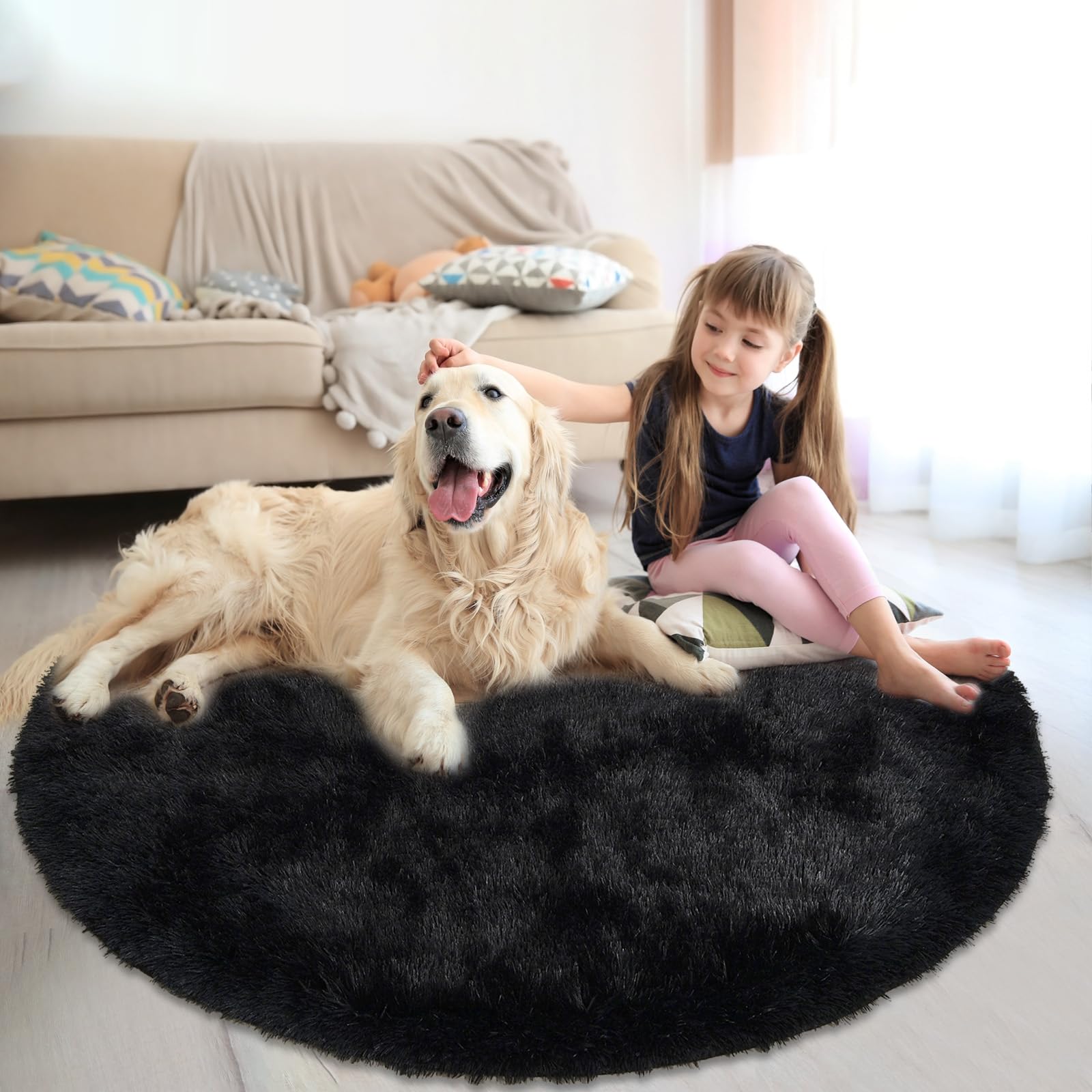 Black Fluffy Round Rug,Soft Area Rugs for Girls Room, Shaggy Rugs 4'X4' for Living Room,Non Slip Circle Rug for Kids Bedroom,Shag Plush Nursery Rug,Fuzzy Plush Rug for Dorm,Cute Furry Room Decor Rug