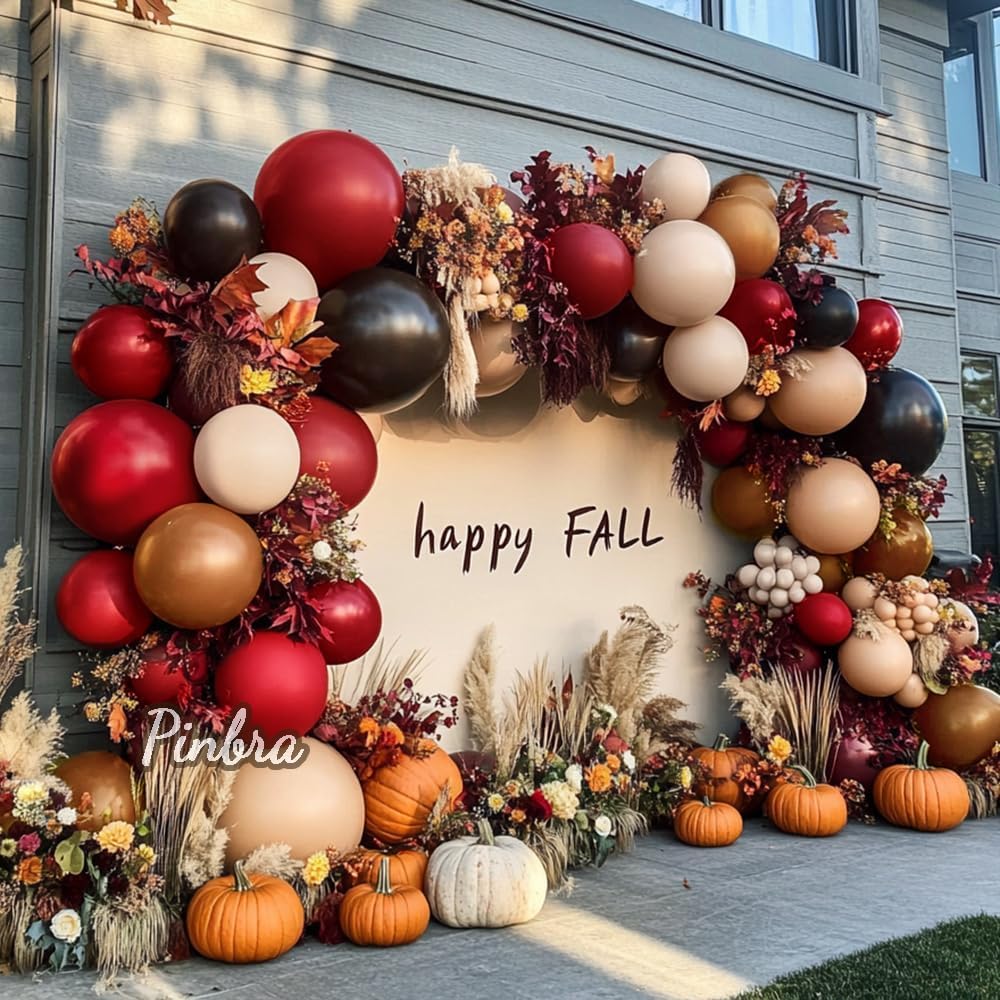 Fall Balloon Garland Double Stuffed Dark Brown Burgundy Red Balloons Nude Beige Tan Balloons Sand White Apricot Balloon Arch Kit For Birthday Western Cowboy Farm Halloween Autumn Party Decorations