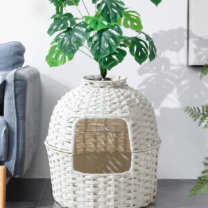 SETVSON Cat Litter Box Plant Furniture Hidden Cat Litter Box with Artificial Plants, Handwoven Rattan Cat Litter Box Enclosure with Cat Litter Box, Enclosed Plant Cat Litter Box in Living Room (White)