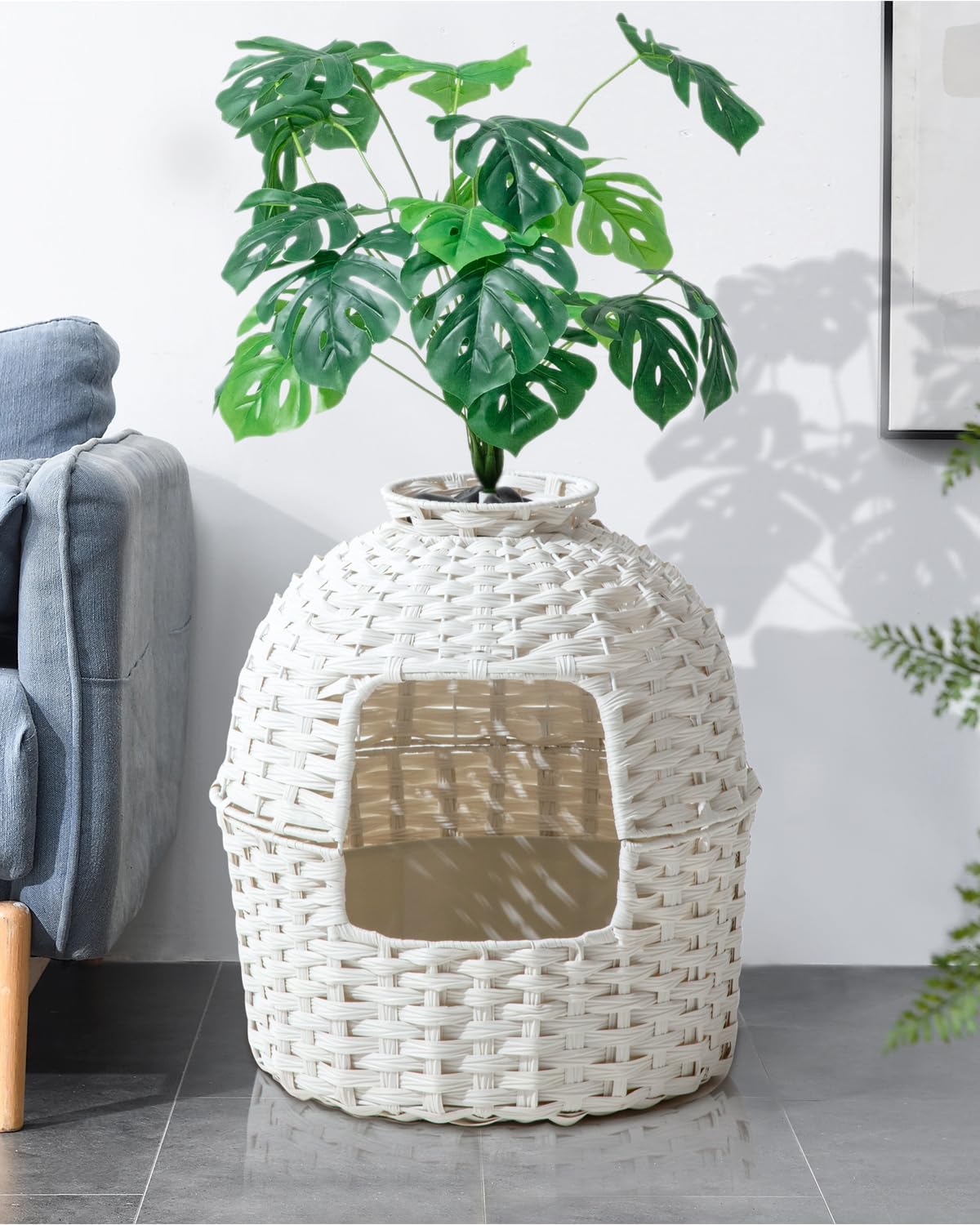 SETVSON Cat Litter Box Plant Furniture Hidden Cat Litter Box with Artificial Plants, Handwoven Rattan Cat Litter Box Enclosure with Cat Litter Box, Enclosed Plant Cat Litter Box in Living Room (White)