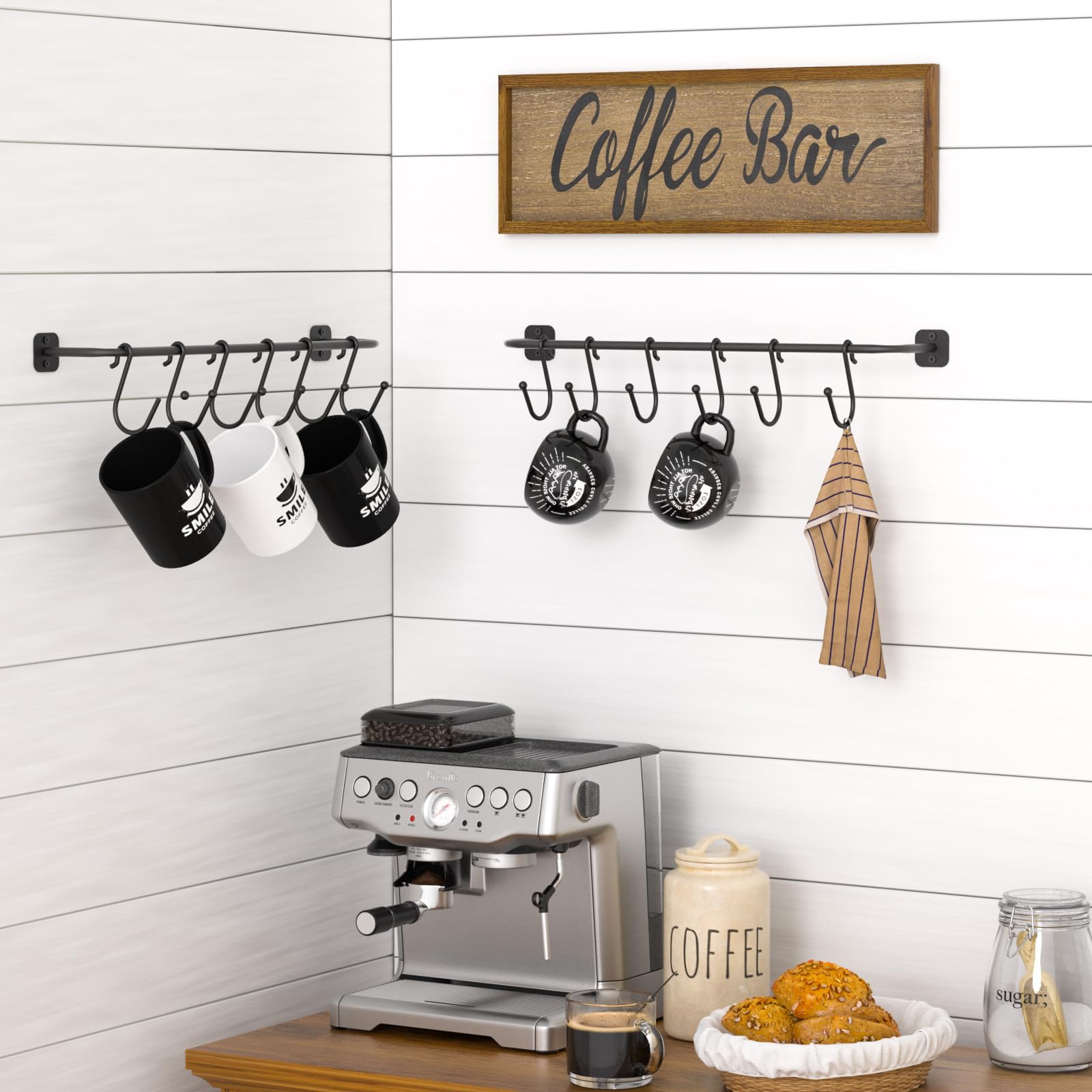 Coffee Cup Holder with 12 Mug Hooks, Mug Racks Wall Mounted 2 Pack, Coffee Mug Organizer Floating, Mug Shelf for Wall, Coffee Cup Display Hanger Pods Holder, Coffee Bar Accessories for Kitchen Black