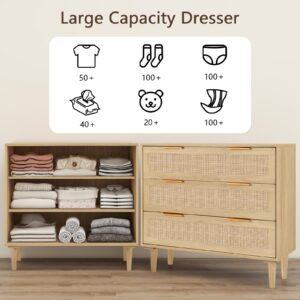 YMBSBUY Rattan Dresser for Bedroom 3 Drawer Storage Closet Dresser Chest of Drawers, Wood Kids Dresser for Bedroom, Living Room, Nursery, Hallway, Entryway, Oak