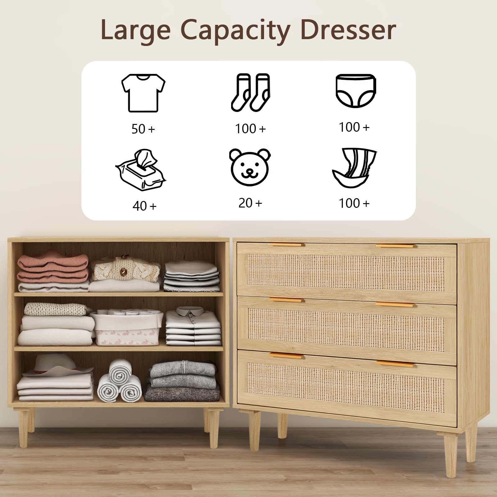 YMBSBUY Rattan Dresser for Bedroom 3 Drawer Storage Closet Dresser Chest of Drawers, Wood Kids Dresser for Bedroom, Living Room, Nursery, Hallway, Entryway, Oak