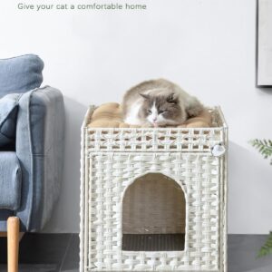 SETVSON Cat Litter Box Enclosure Cat Litter Box Furniture Hidden with Cat Litter Mat, Cat Litter Box Furniture with Two S-Shaped Hooks, Handwoven Rattan Cat House for Living Room, Bedroom, (White