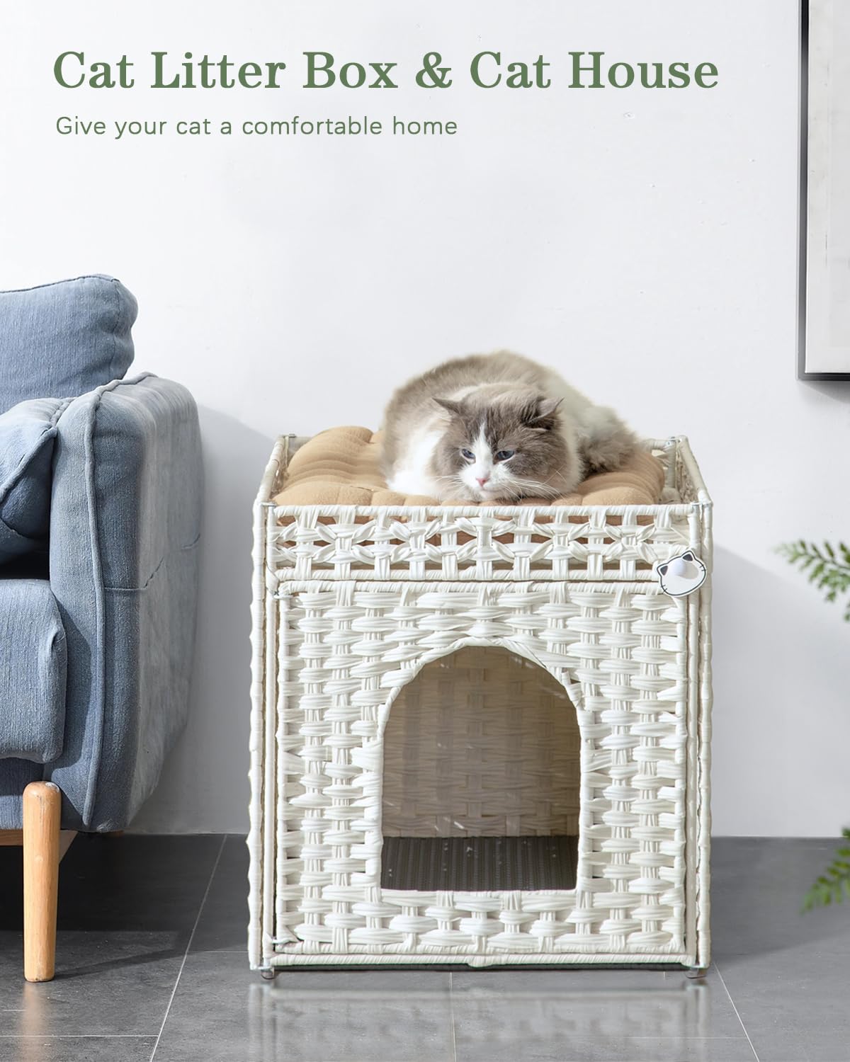 SETVSON Cat Litter Box Enclosure Cat Litter Box Furniture Hidden with Cat Litter Mat, Cat Litter Box Furniture with Two S-Shaped Hooks, Handwoven Rattan Cat House for Living Room, Bedroom, (White