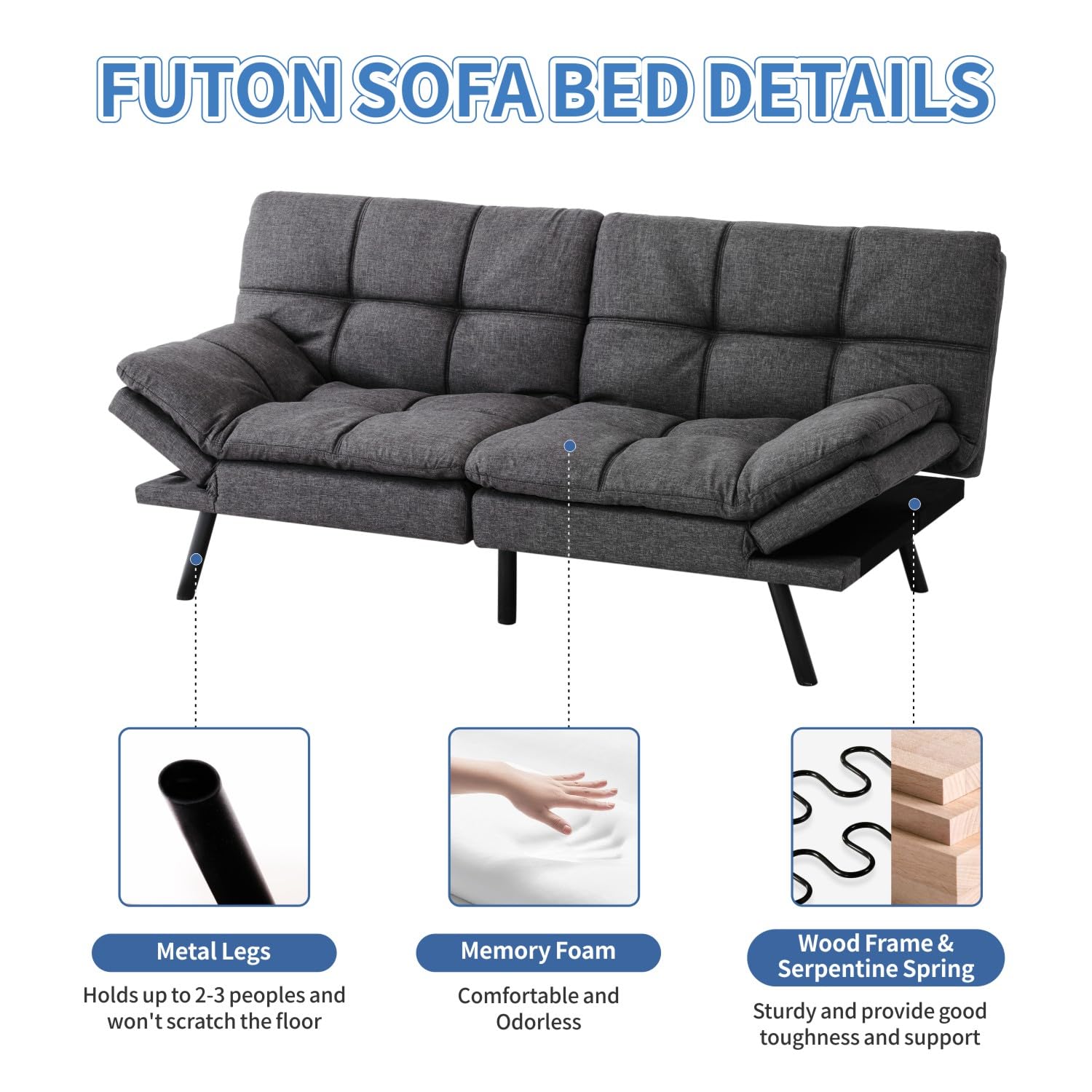 MUUEGM Futon Sofa Bed Small Sofa Loveseat Sleeper Sofa Leather Daybed, 71" Sofabed, Adjustable Back and Arm, 2 Seater Futon Couch for Living Room, Office, Dormitory, Apartment, Bedroom, Dark Grey