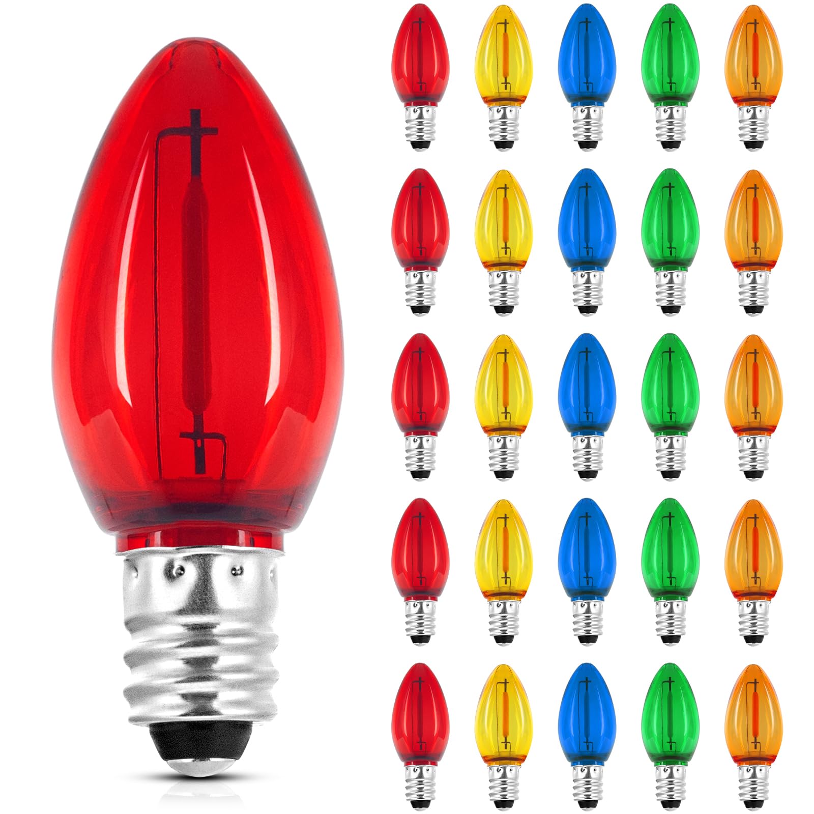 We Charger C7 Colored Light Bulbs, Led Night Light Bulbs Multicolor 25 Pack Outdoor Indoor String Light Replacement, E12 Candelabra Base Bulbs Shatterproof 0.6 Watt