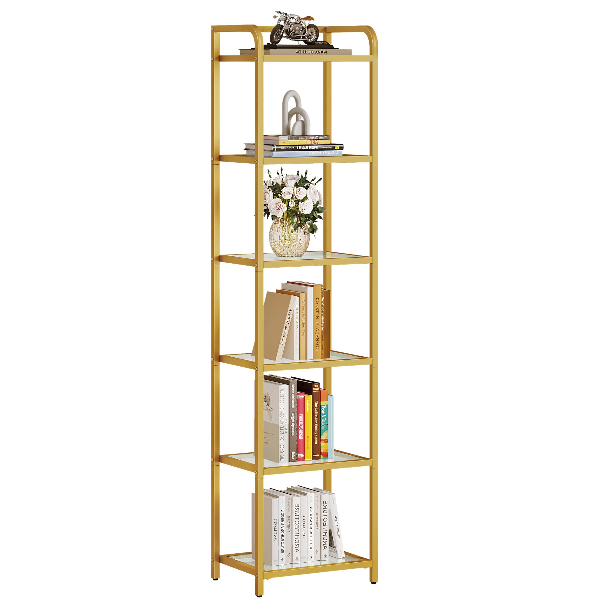 YITAHOME 6-Tier Bookshelf, Tempered Glass Bookshelf, Slim Shelving Unit for Bedroom, Bathroom, Home Office, Steel Frame, Gold