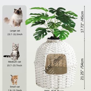 SETVSON Cat Litter Box Plant Furniture Hidden Cat Litter Box with Artificial Plants, Handwoven Rattan Cat Litter Box Enclosure with Cat Litter Box, Enclosed Plant Cat Litter Box in Living Room (White)