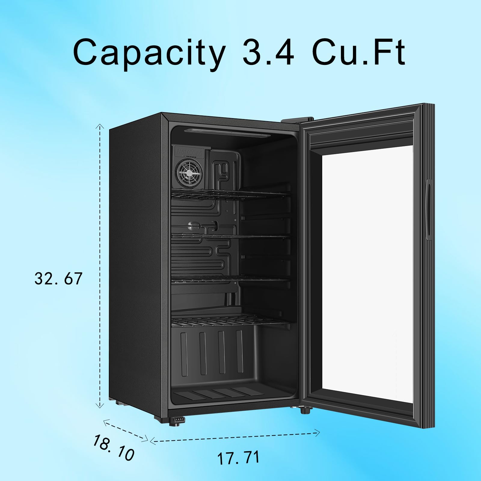 Saeoola Beverage Refrigerator and Cooler 3.4 Cu.ft Mini Fridge Glass Door,Digital Temperature Display for Soda,Beer or Wine for Home,Office or Bar with LED Light,Removable Shelves (Black)