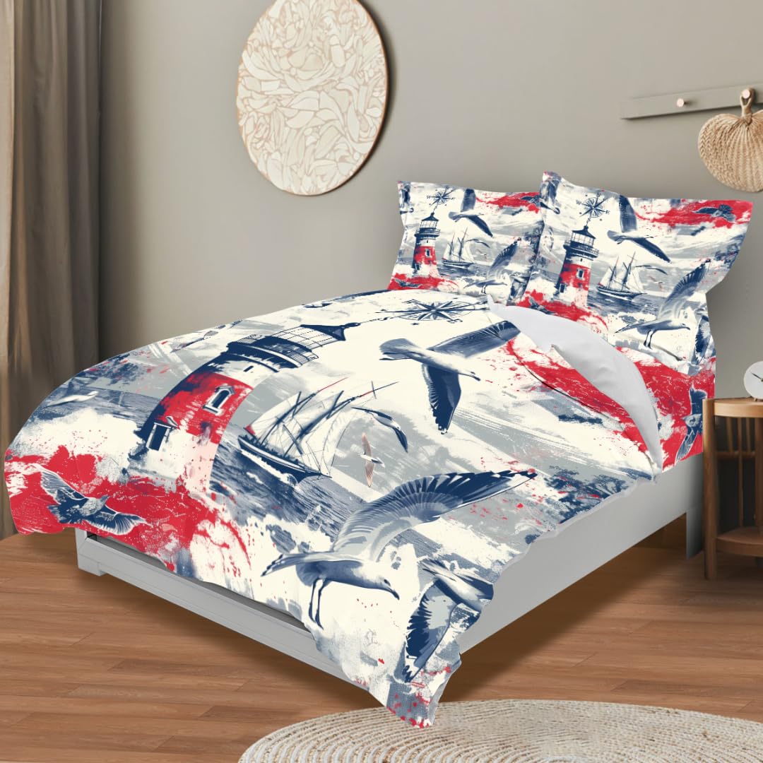 Nautical Dreams Duvet Cover Queen Size 3D Printed Duvet Cover Set Lighthouse Sailboat Seagull Voyage Exploration Bedding Set Home Decoration Comforter Cover Cozy Quilt Cover with 2 Pillowcases