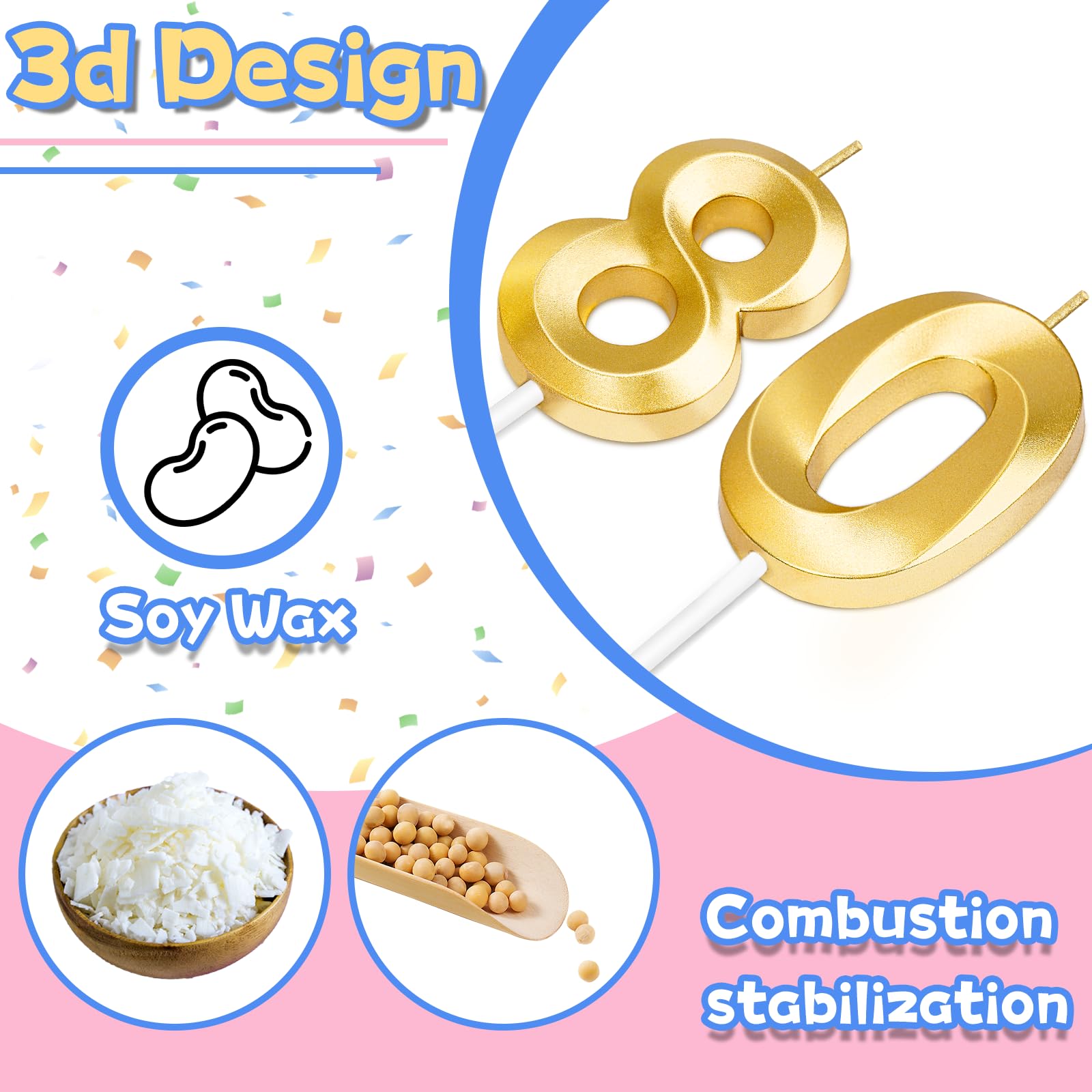 80th Birthday Candles for Cake,Gold Number Candles for Happy Birthday Cake Toppers,Birthday Decorations for Women Men Party Anniversary Wedding