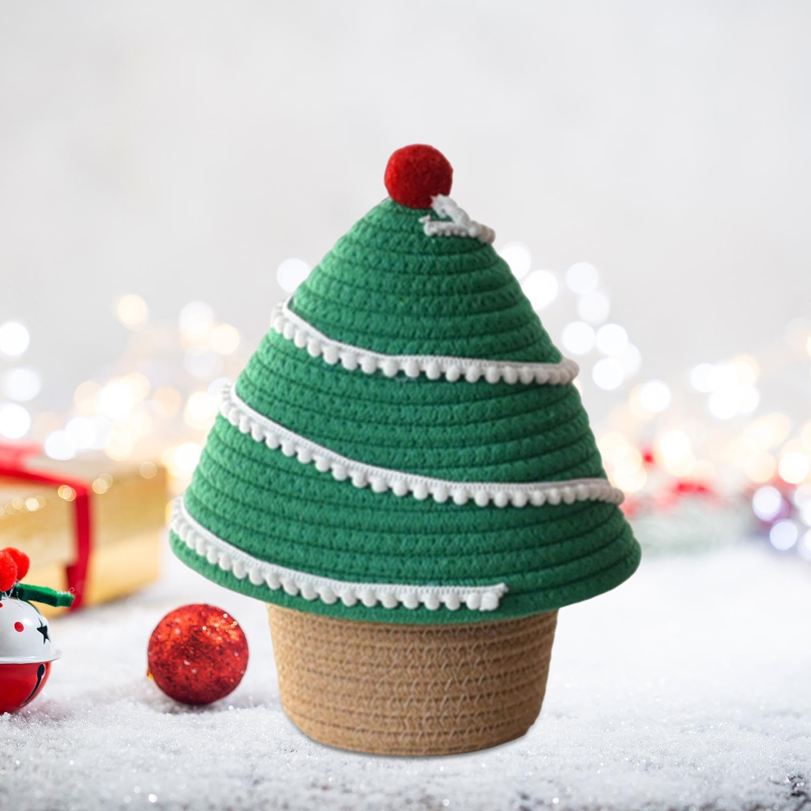 Storage Basket with Lid, Small Rope Basket with Lid, Christmas Tree Design Cotton Rope Woven for Bedroom, Desktop, Bedside, Green