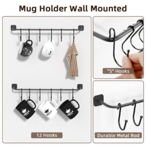 Coffee Cup Holder with 12 Mug Hooks, Mug Racks Wall Mounted 2 Pack, Coffee Mug Organizer Floating, Mug Shelf for Wall, Coffee Cup Display Hanger Pods Holder, Coffee Bar Accessories for Kitchen Black