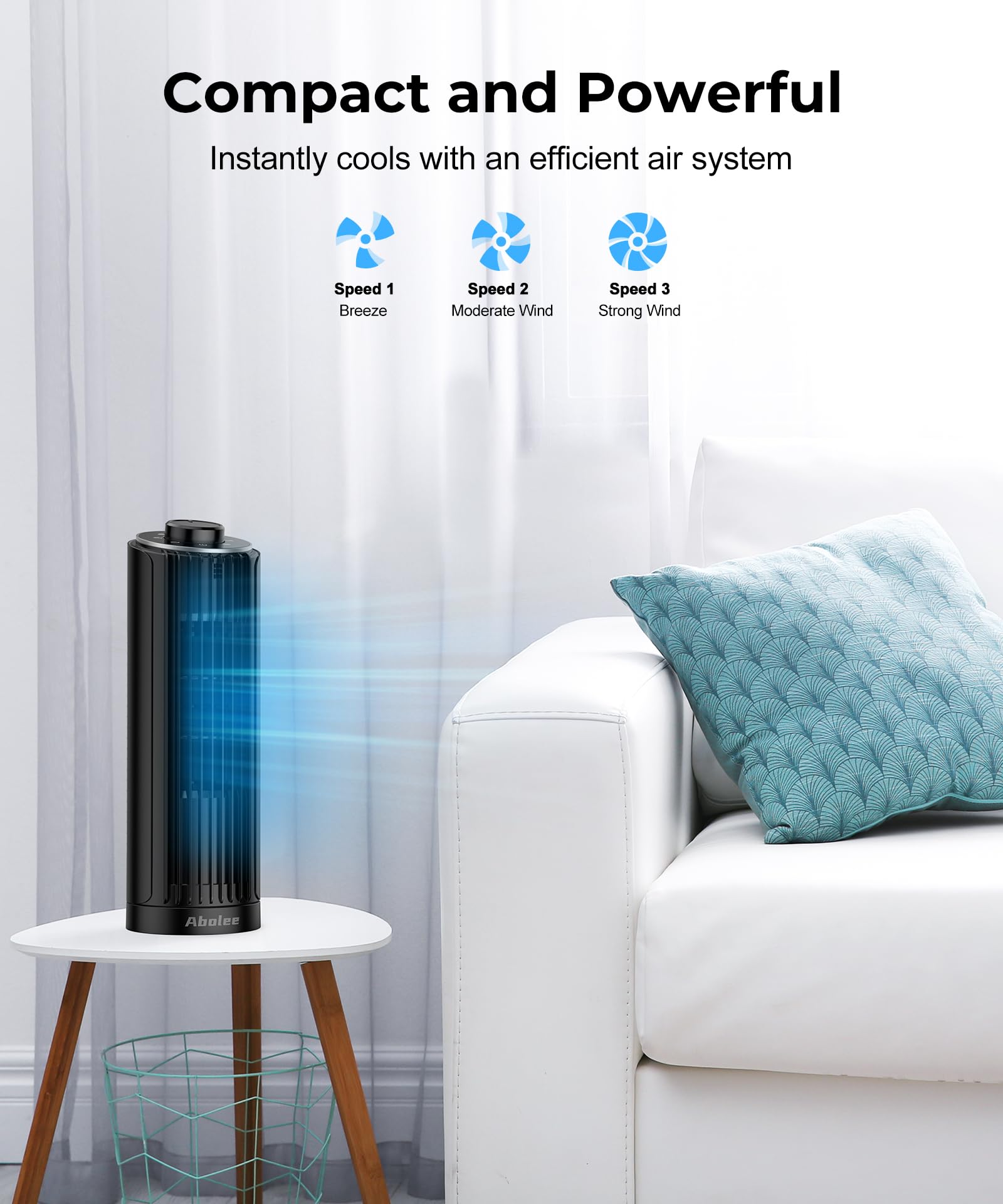 Abolee Tower Fan, 23ft/s Desk Fan, 70° Oscillating Table Fan for Bedroom, Standing Table Fan with 3 Modes, 2024 New 13 Inch Bladeless fan for Bedroom, Home,Office Black