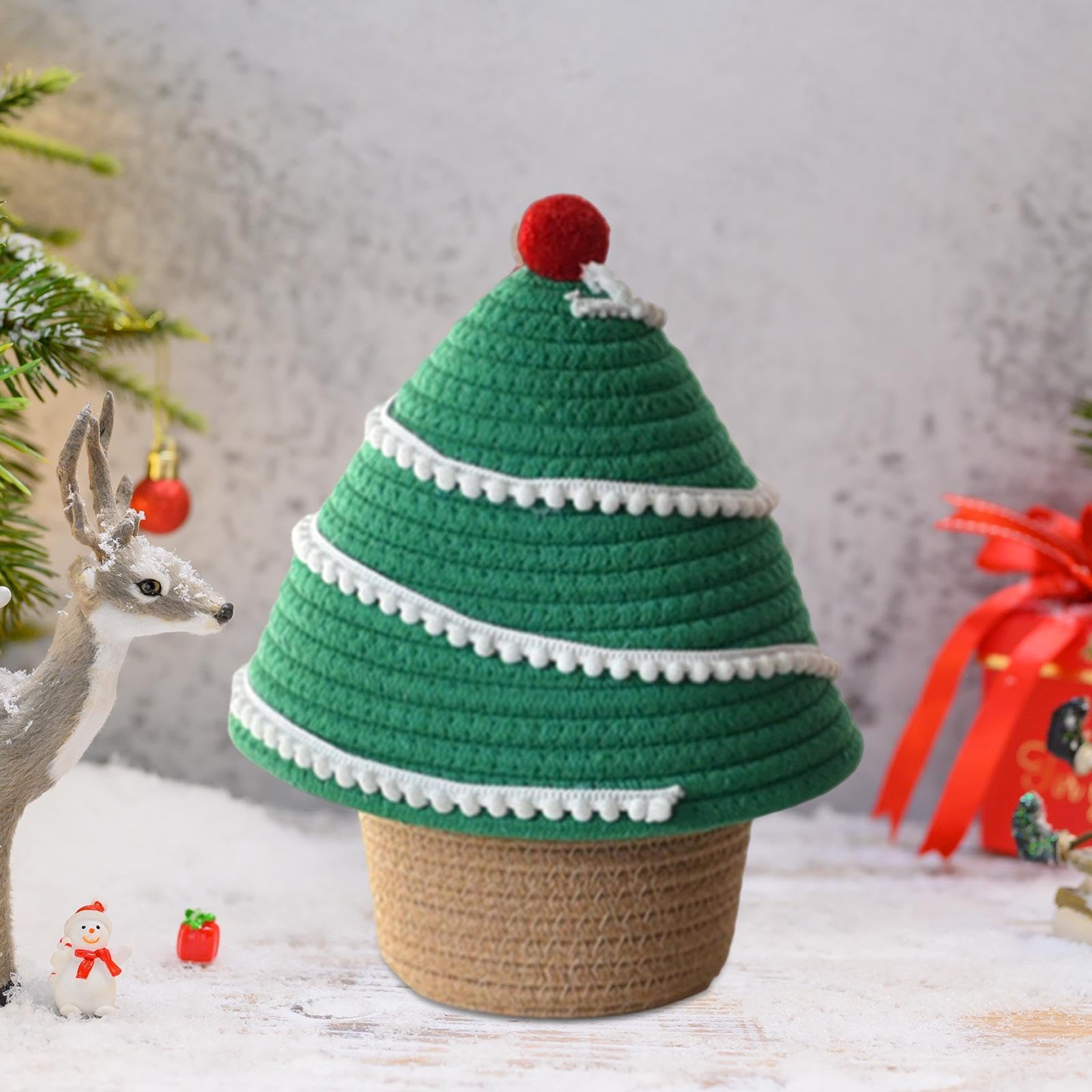 Storage Basket with Lid, Small Rope Basket with Lid, Christmas Tree Design Cotton Rope Woven for Bedroom, Desktop, Bedside, Green