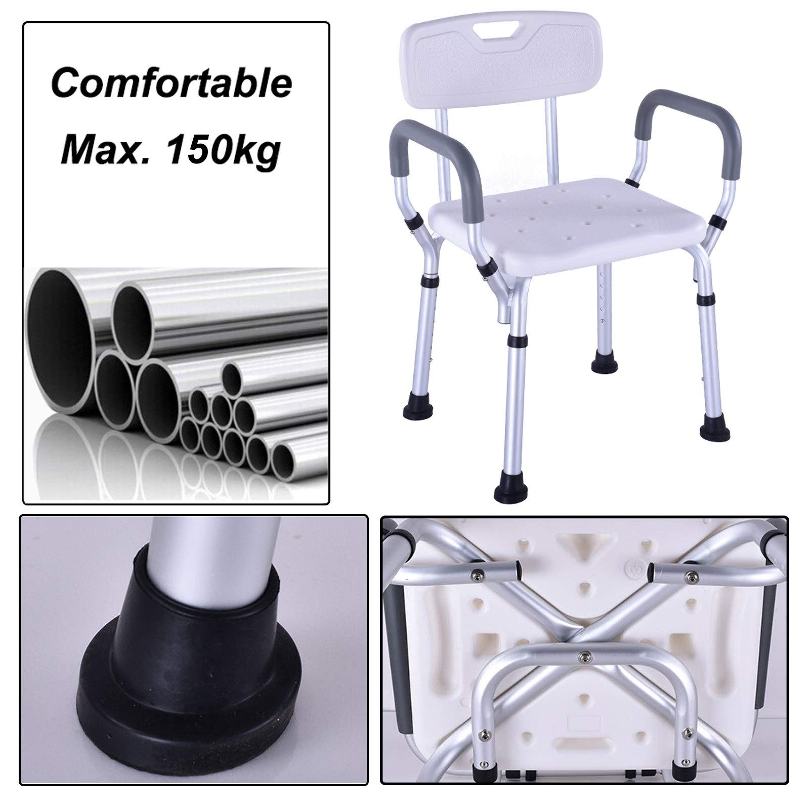 Elderly Assist Shower Chair Premium Shower Seat with Back Bath Chair Adjustable Hight, Lightweight Compact Bathtub Stool Bench for Adult Disabled, Max. 150kg