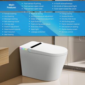 MYDEPOT Smart Bidet Toilet with Unlimited Heated Water/Adjustable Washing Settings/Air Dryer/LED-light, One Piece Bidet-Toilet with Remote Control/Auto Open&Close Cover