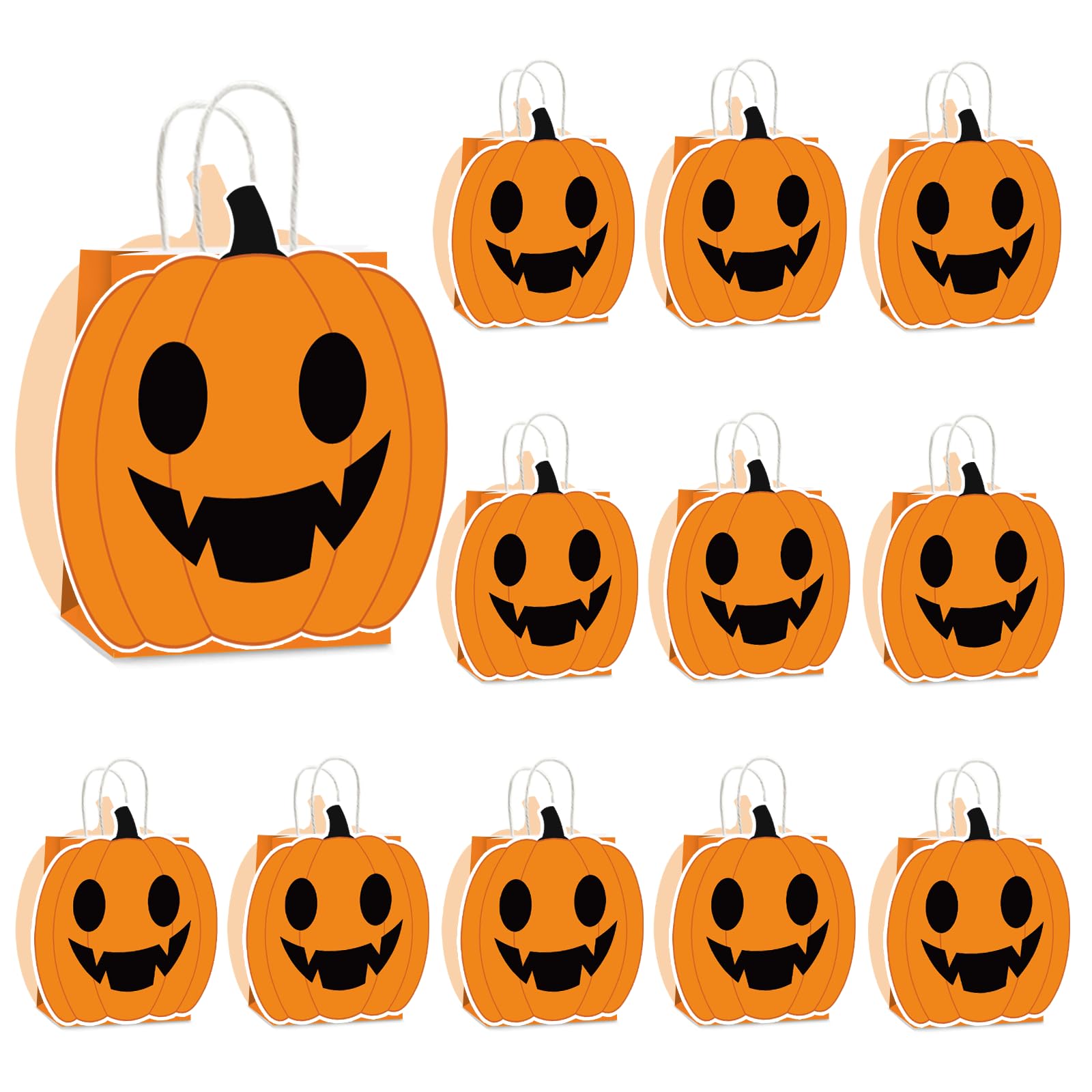 Justforjoyful 12Pcs Halloween Pumpkin Party Favor Bags Halloween Treat Bags Trick or Treat Goody Bags Pumpkin Paper Gift Bag with Handle Decorations for Kids Adults Halloween Party Supplies Decor