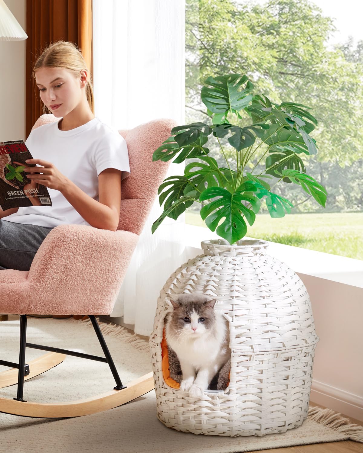 SETVSON Cat Litter Box Plant Furniture Hidden Cat Litter Box with Artificial Plants, Handwoven Rattan Cat Litter Box Enclosure with Cat Litter Box, Enclosed Plant Cat Litter Box in Living Room (White)