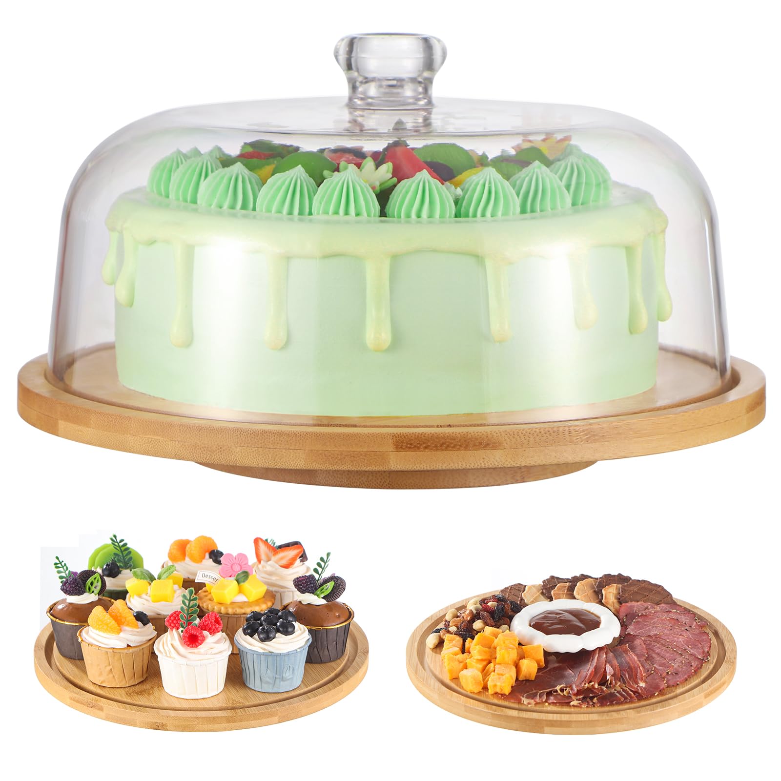 Cake Stand，Rotating Cake Stand with Lid，Bamboo Cake Stand with Acrylic Dome，Turnable Cake Display Stand Cake Plate Cake Holder Cake Platter with Cover，11.8"