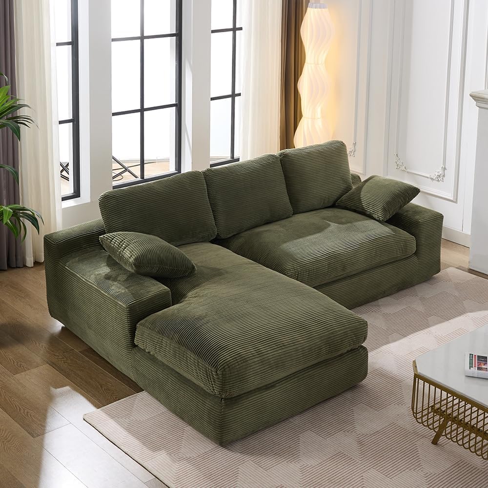 JURMALYN 98" Sectional Sofa Cloud Couch for Living Room Comfy Sectional Couch L-Shaped Sofa 3 Seat Foam Couch with Left Chaise Lounge, Deep Seat Sofa for Home Office, No Assembly, Green