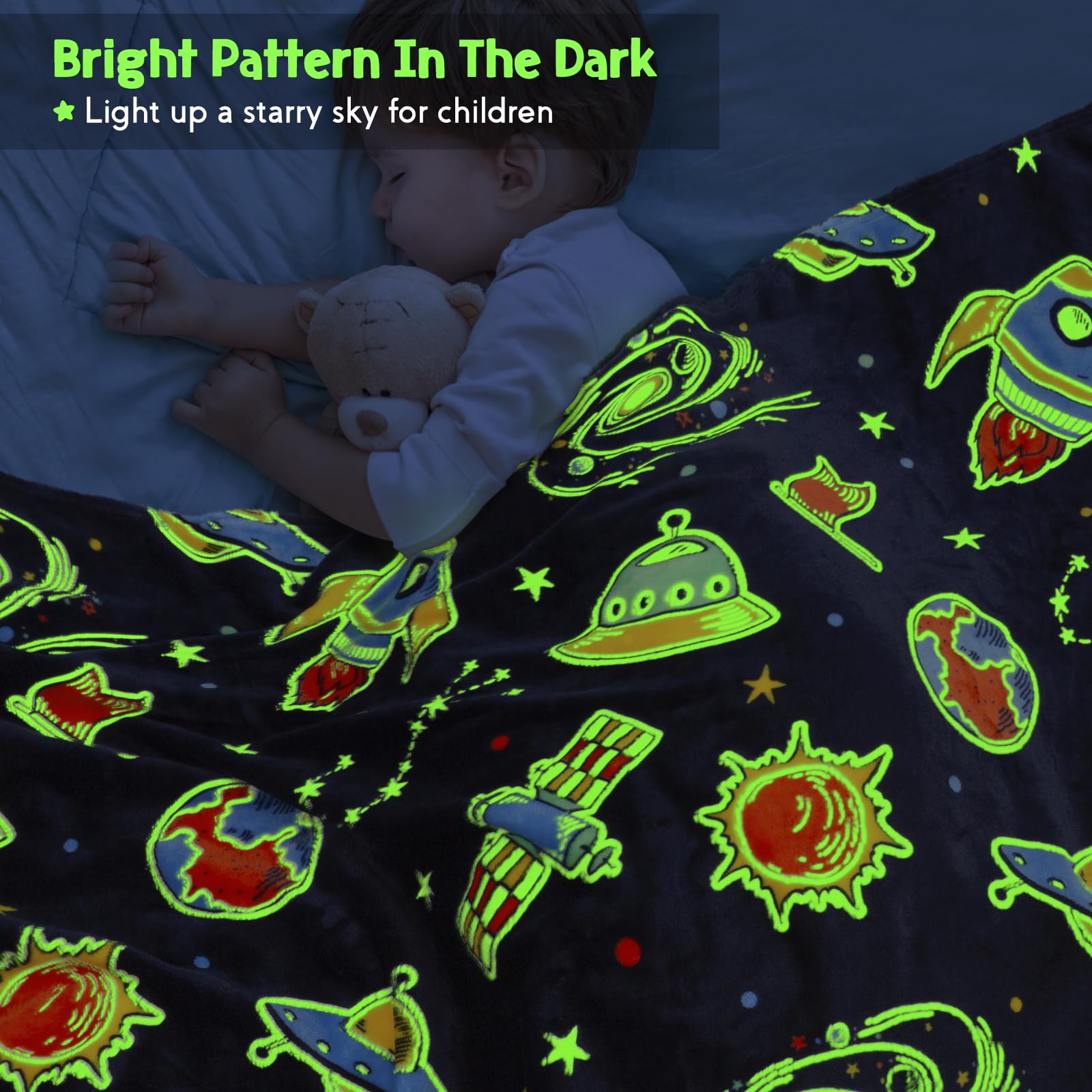 Space Toys Gifts for Boys Girls - Glow in The Dark Galaxy Blanket Christmas Birthday Valentine's Day Easter Present for Kids Age 1 2 3 4 5 6 7 8 9 10 Year Old Child Star Planet Spaceship Throw 50"x60"