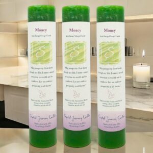 7" x 1.5" herbal pillar magic candles (money) reiki energy charged vegan candles with inspirational labels, set of 3