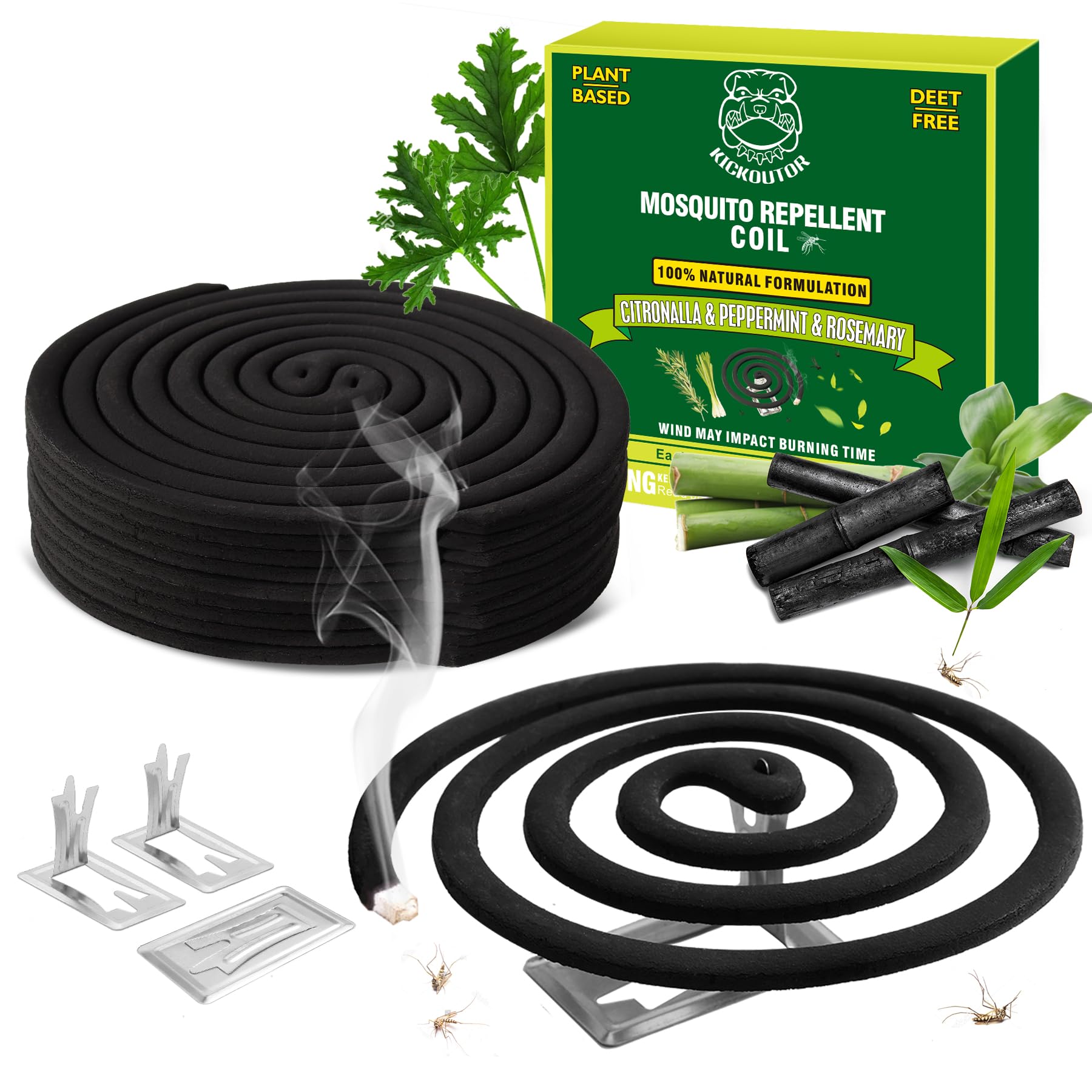 KICKOUTOR Mosquito Repellent Outdoor Patio 20 PCS Natural Citronella Mosquito Coils Incense Deet Free Mosquito Killer with 4 Stands for Camping Backyard Room 5-7 Hours Gnat Mosquito Control