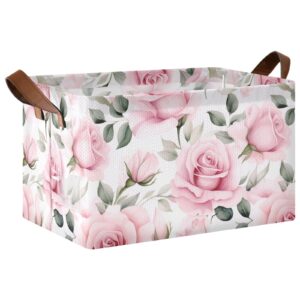 alaza pink roses storage bins, foldable waterproof storage bins for shelves, storage baskets with metal frame, closet baskets and bins with handles 1 pack