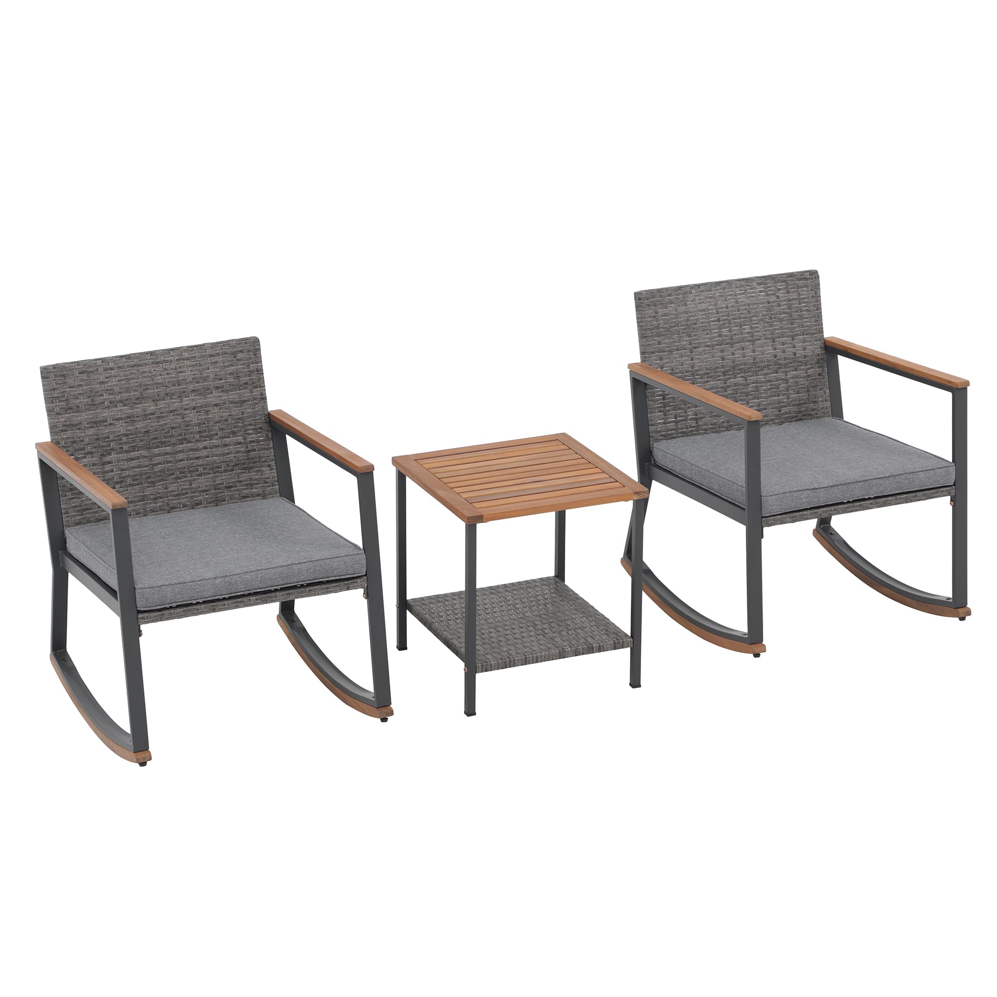 MYDEPOT Wicker Rocking Bistro Set of 3, Outdoor Rocker Chair Furniture Conversation Sets with Coffee Table & Cushions, Patio Rattan for Balcony, Lawn, Porch Poolside (Light Gray)