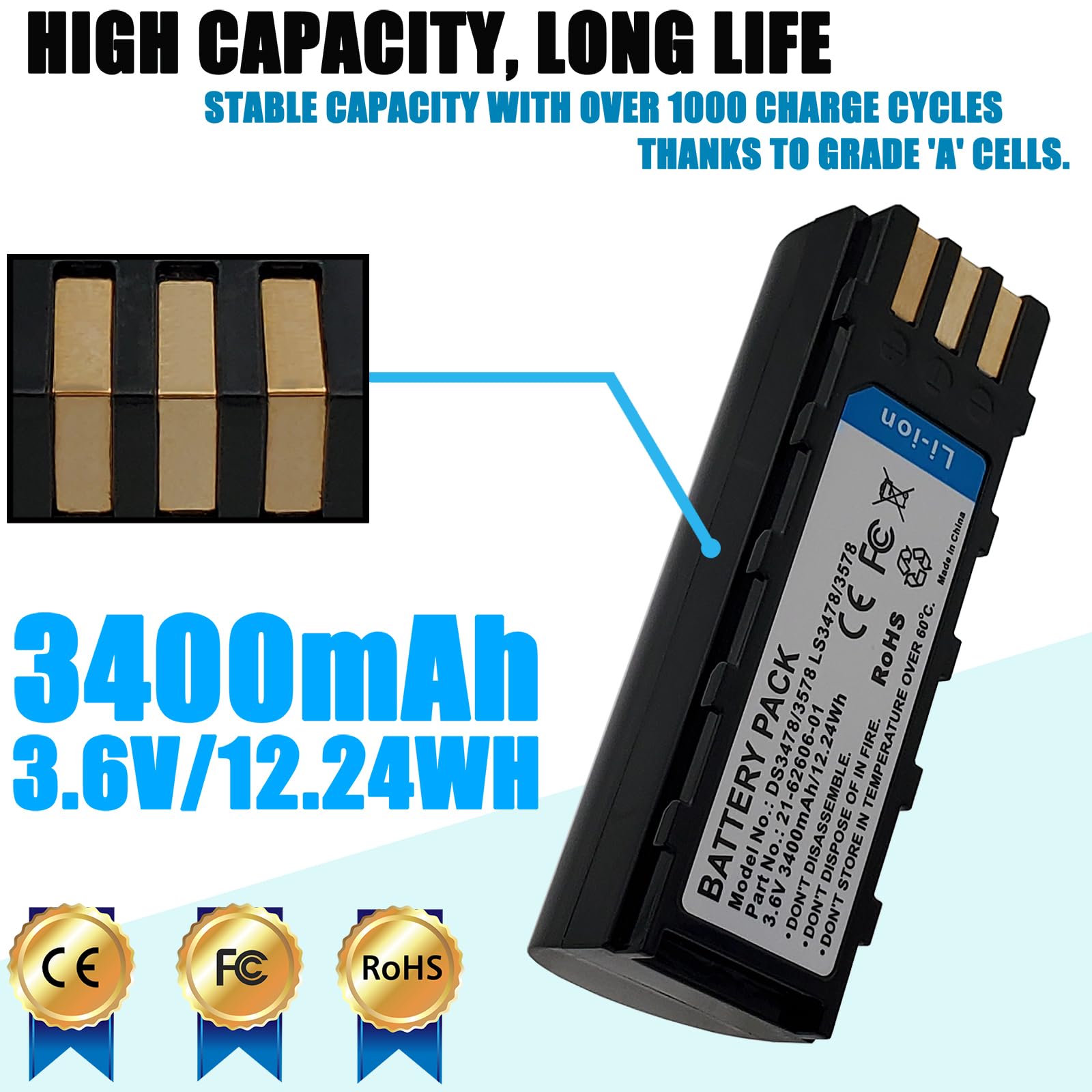 LAQUEENA DS3478 Battery Compatible with Symbol DS3578 LS3478 DSS3478 LS3578 XS3478 NGIS MOTOROLAMT2000 MT2070 MT2090 ZEBRAMT2000 MT2070 MT2090 Part NO 21-62606-01 KT-BTYMT-01R 12.24WH 3.6V