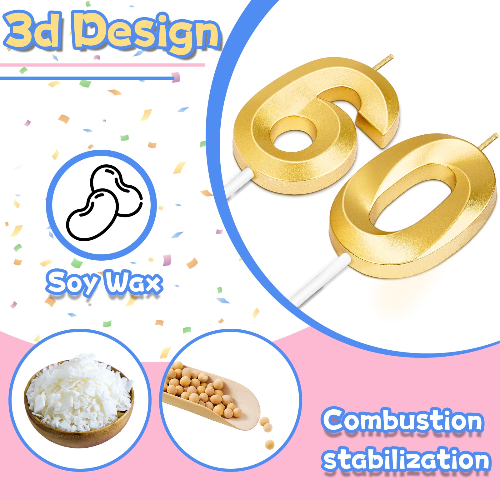 60th Birthday Candles for Cake,Gold Number Candles for Happy Birthday Cake Toppers,Birthday Decorations for Women Men Party Anniversary Wedding