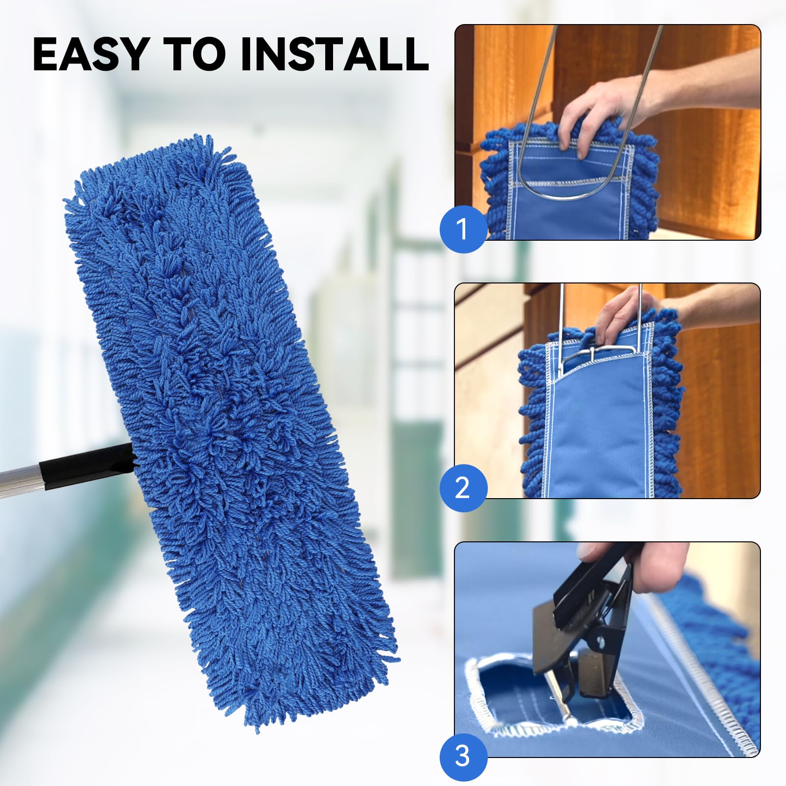 24 Inch Dust Mop Head: Replacement Medium Washable Commercial Mop Head - Sweeper and Janitorial Dust Mop Head Replacement Blue (Blue - 24 Inch, 3 Pack)