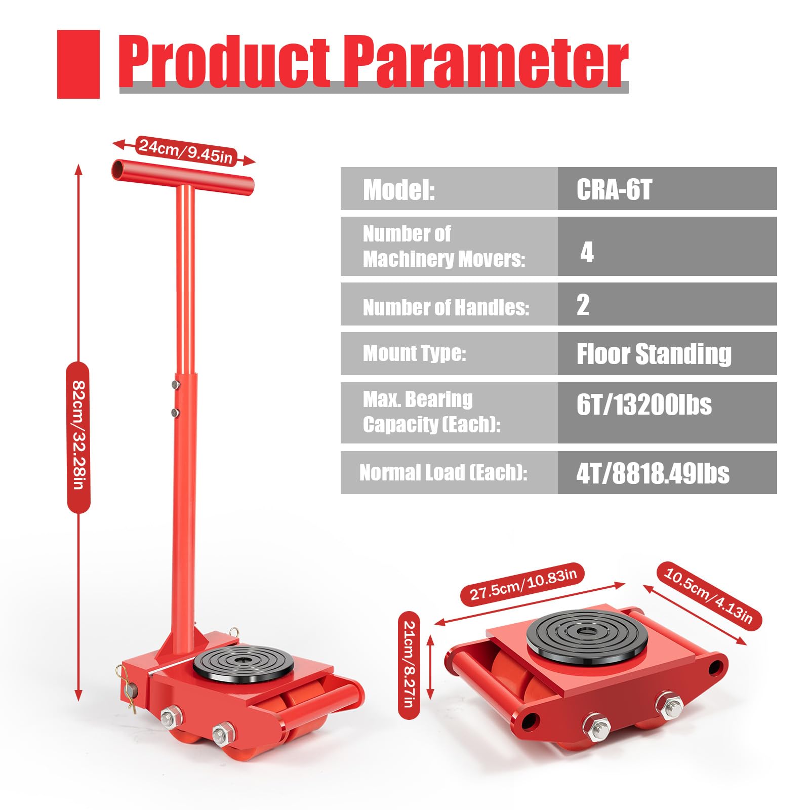 TFCFL 4pcs Machinery Mover with 2 Steering Handle 6T Machinery Moving Skate 13200lbs Machinery Skate Dolly w/ 360°Rotation Disc & 4 Rollers Machinery Skate Heavy Duty Industrial Moving Equipment, Red