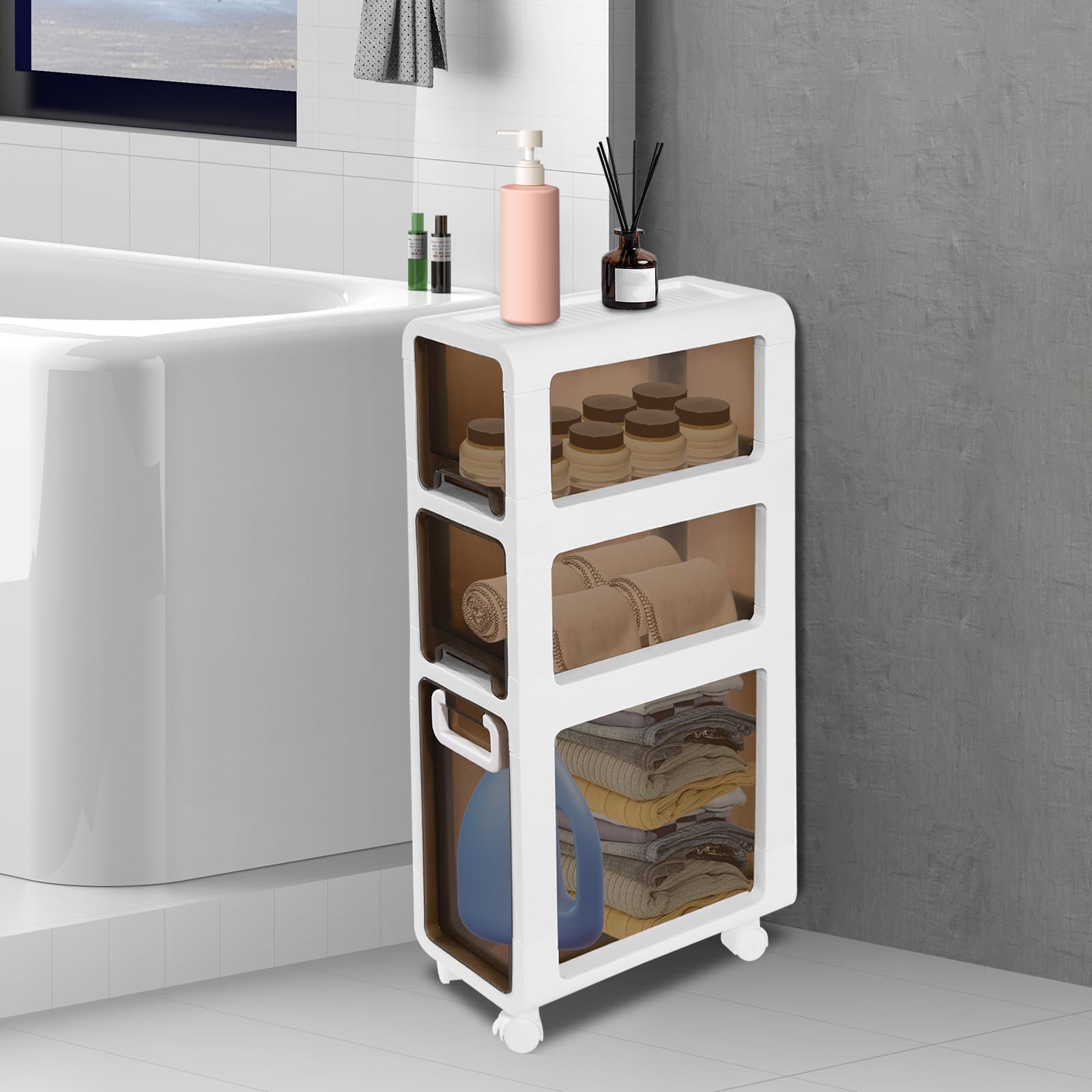 Bathroom Floor Cabinet 3-Tiers Narrow Slim Tall Movable Towel Organizer Freestanding Rolling Unit with Clear Drawers Toilet Paper Holder, Storage Cabinet with Drawers for Small Space (3-Tiers)