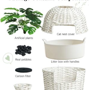 SETVSON Cat Litter Box Plant Furniture Hidden Cat Litter Box with Artificial Plants, Handwoven Rattan Cat Litter Box Enclosure with Cat Litter Box, Enclosed Plant Cat Litter Box in Living Room (White)