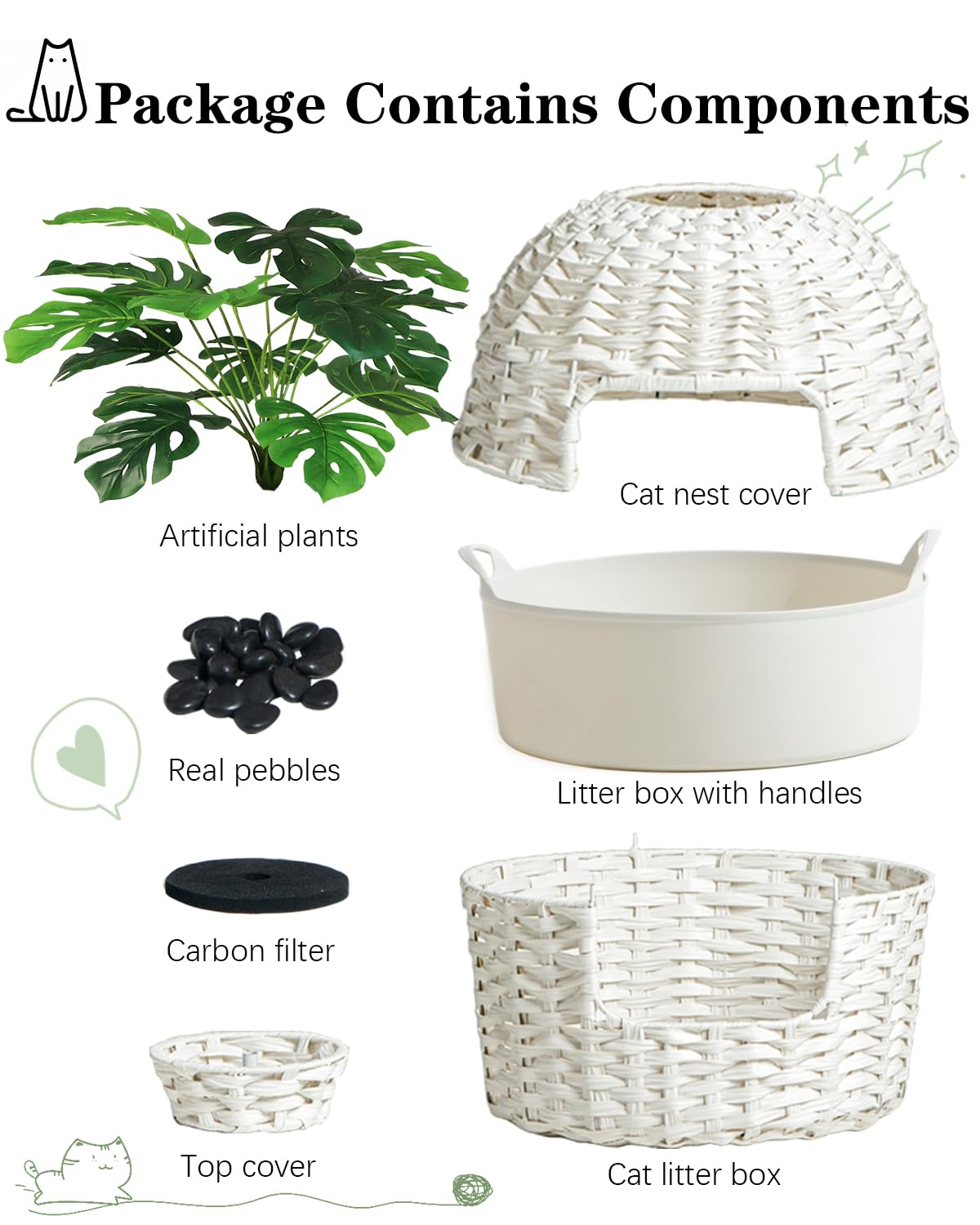 SETVSON Cat Litter Box Plant Furniture Hidden Cat Litter Box with Artificial Plants, Handwoven Rattan Cat Litter Box Enclosure with Cat Litter Box, Enclosed Plant Cat Litter Box in Living Room (White)