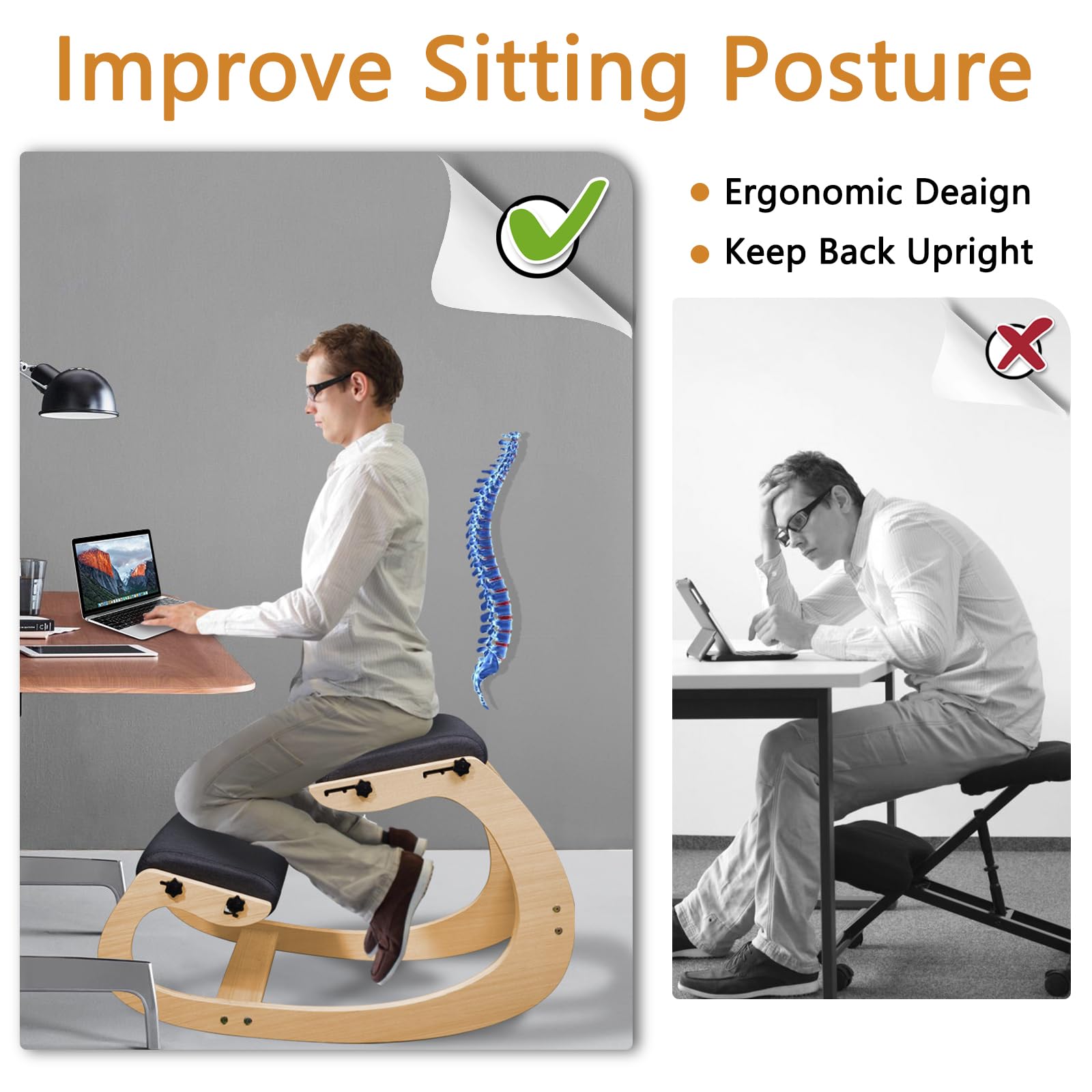 Ergonomic Kneeling Office Chair Adjustable Seats Ergo Kneeling Chair Improve Posture Suitable for Both Home and Office Use